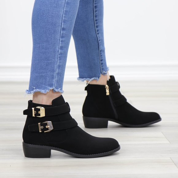 Black Velvet Ankle Boots Gold Buckles Booties - Picture 5 of 13